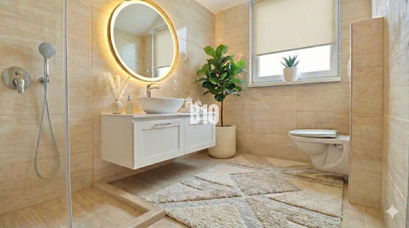 Badezimmer in einem Einfamilienhaus mit ovalem Spiegel, Waschbecken und Pflanzen.