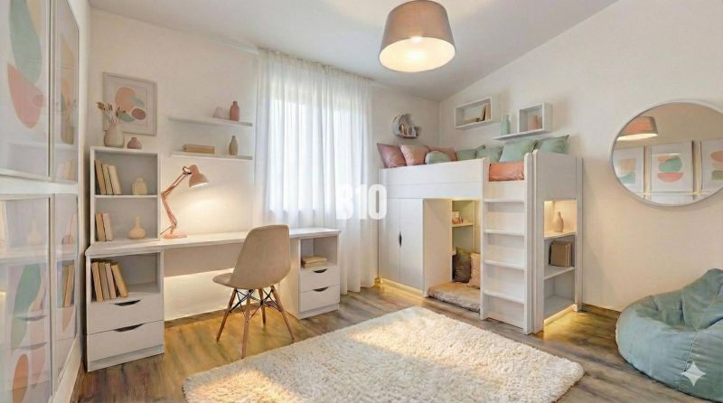 Kinderzimmer in einem Einfamilienhaus mit Hochbett und Boden in Holzoptik.