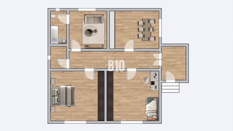 Grundriss eines Einfamilienhauses mit Möbeln, Holzboden und mehreren Räumen.