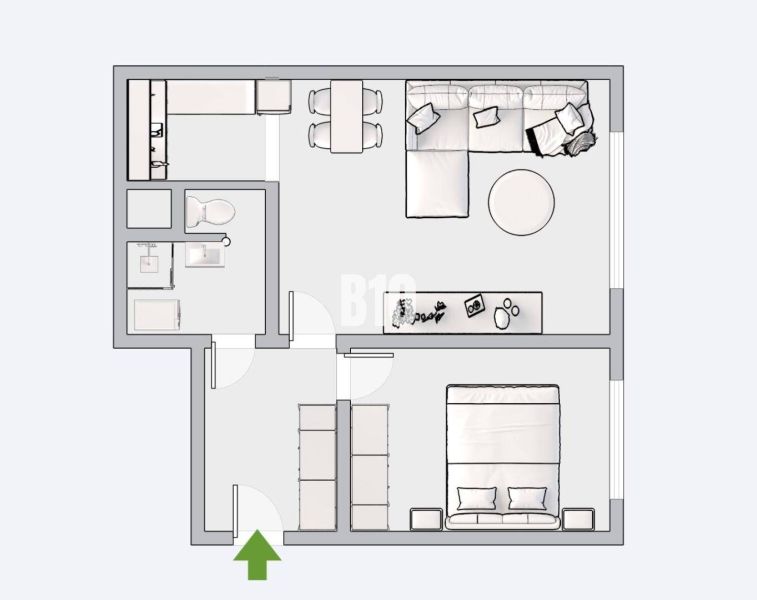Grundriss einer 2-Zimmer-Wohnung mit Einbaumöbeln und Ausstattung.