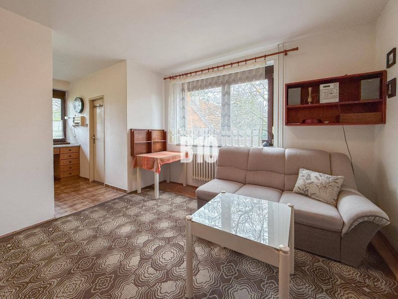 Wohnzimmer in einem Einfamilienhaus mit Teppich, Sofa, Couchtisch und Küchenzeile.
