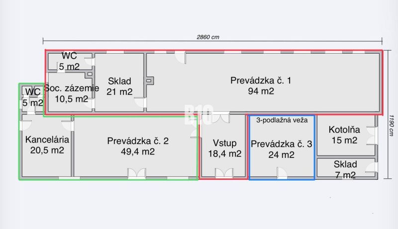 Grundriss von Geschäftsräumen mit Lagern, Büro und verschiedenen Betrieben.