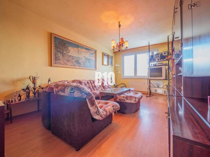 Wohnzimmer in einer 3-Zimmer-Wohnung mit Holzboden, hellen Möbeln und einem Sofa.