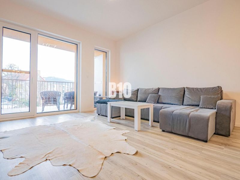 Wohnzimmer in einer 3-Zimmer-Wohnung mit Sofa, Fellteppich und Boden in Holzoptik.