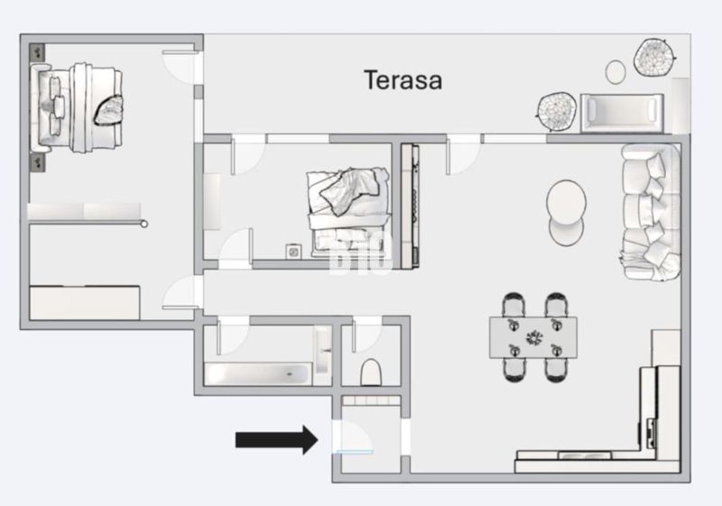 Grundriss einer 3-Zimmer-Wohnung mit Terrasse und offenem Wohnzimmer.