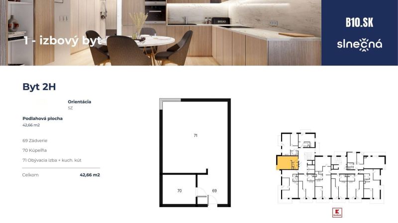 1-Zimmer-Wohnung mit Küche, Badezimmer und Flur. Wohnfläche 42,66 m².