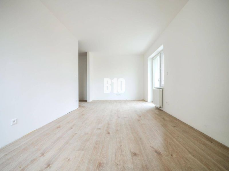 Geräumige, helle 1-Zimmer-Wohnung mit Holzboden und weißen Wänden zu vermieten.