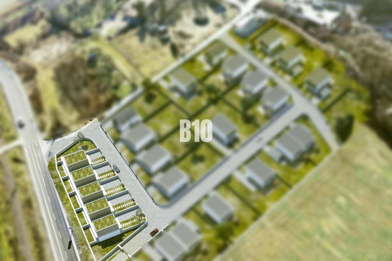 Visualisierung eines Wohnbaugrundstücks in Trenčianske Teplice mit geplanter Bebauung.