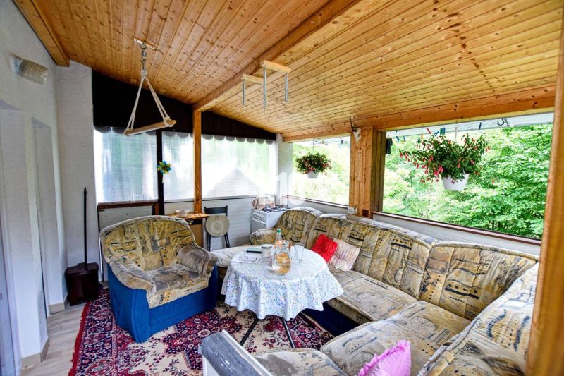 Das Innere der Hütte mit einem bequemen Sofa, einer Holzdecke und einem Blick auf den Wald.