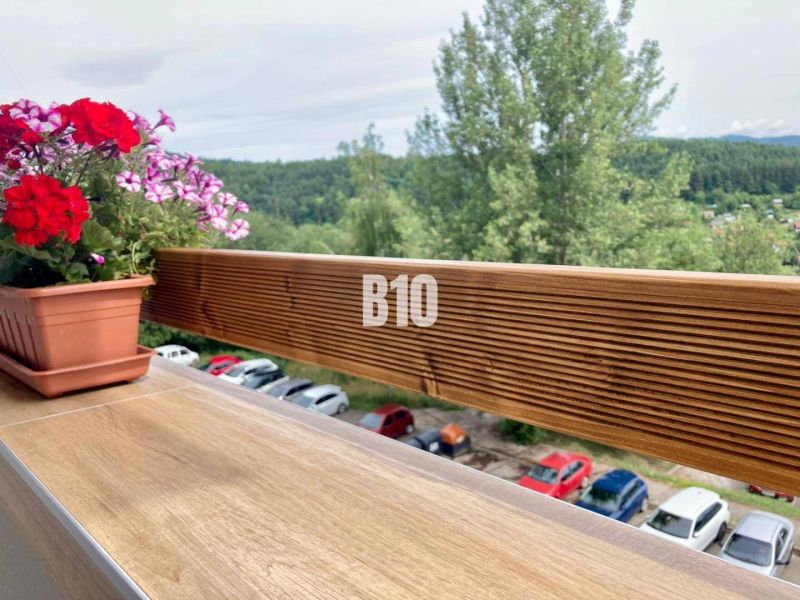 Balkon mit Blumen und Aussicht aus einer 3-Zimmer-Wohnung in Žilina.