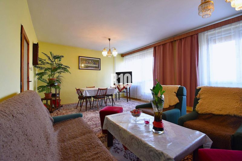 Wohnzimmer in einem Einfamilienhaus mit Blumen, Teppichen und Möbeln.