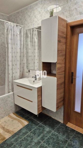 Badezimmer mit Waschbecken, Schrank und Duschkabine in einer Wohnung mit 5 oder mehr Zimmern.