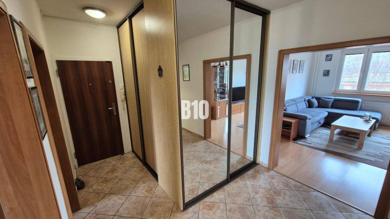 In einer Wohnung mit 5 oder mehr Zimmern, Böden mit Holzdekor, Spiegel und Sofa im Wohnzimmer.