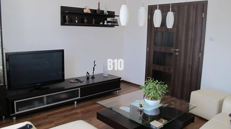 Wohnzimmer mit Fernseher, Regalen, Tisch und Holzboden in einer Vierzimmerwohnung.