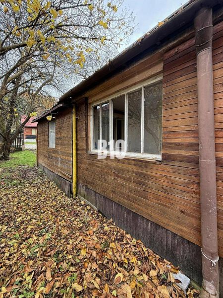 Ein Einfamilienhaus in Kotešová mit einer älteren Holzfassade, umgeben von Herbstblättern und Bäumen.