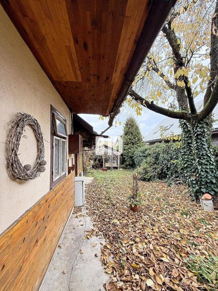 Ein Einfamilienhaus in Kotešová mit einem von Blättern bedeckten Garten und Holzverkleidungen an der Wand.