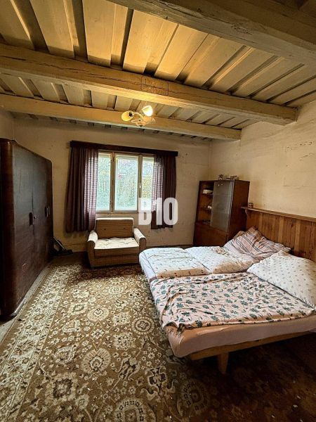 Ein Schlafzimmer in einem Einfamilienhaus mit Teppich, Sofa und Bett unter einer Holzdecke.