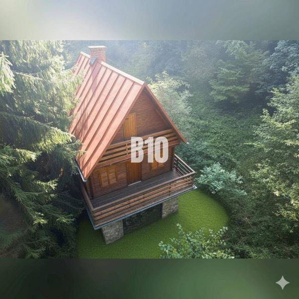 Ein Holzhaus in Kunerad mitten im Wald mit rotem Dach und Balkon.