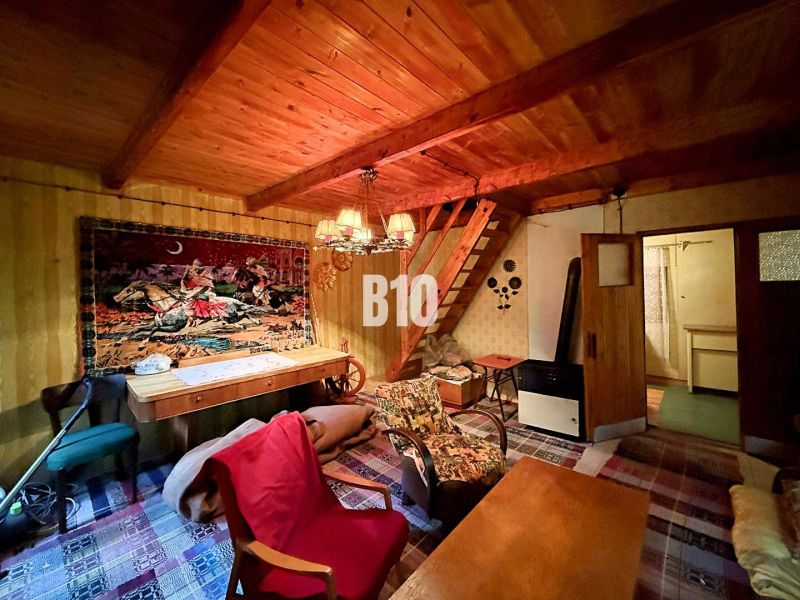 Das Innere der Hütte mit einer Holzdecke, einem dekorativen Teppich und bequemen Möbeln.
