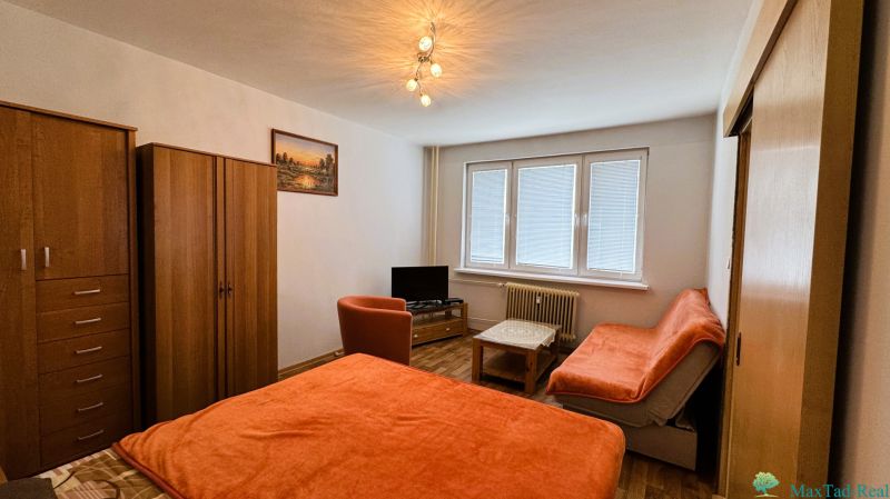 Ein Zimmer mit Möbeln in einer Einzimmerwohnung, Holzboden mit Holzdekor, orangefarbene Bezüge auf dem Sofa.