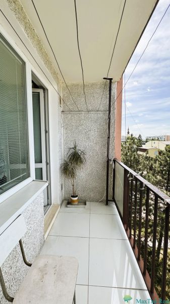 Balkon mit weißem Boden und Pflanze in einem Einzimmerapartment.