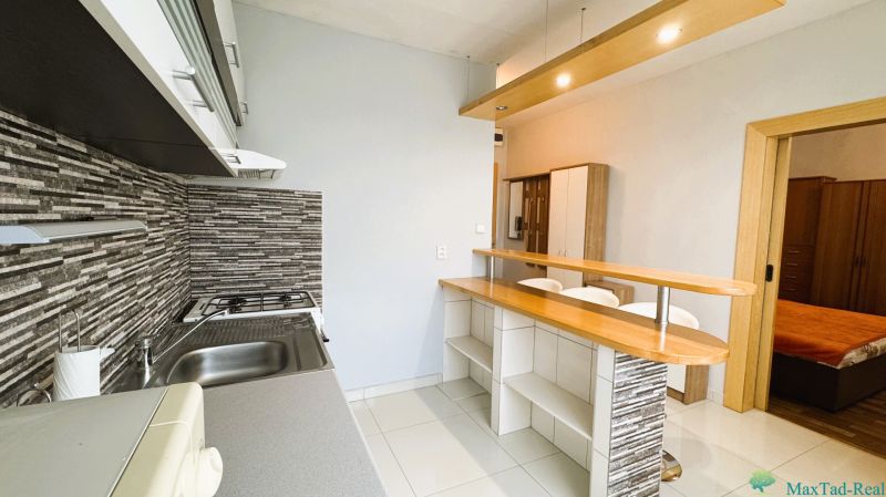 Küche in einer Einzimmerwohnung mit Bartresen und Boden in Holzoptik.