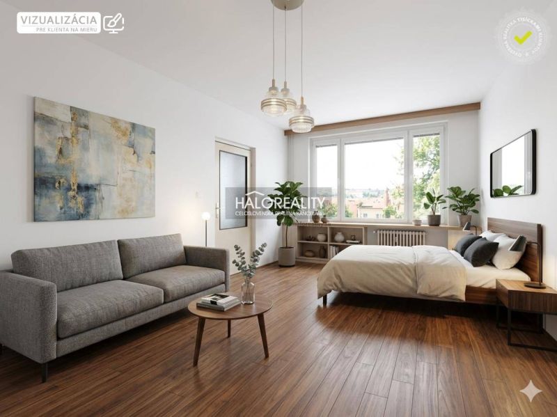 Wohnzimmer mit Sofa, Bett und Holzboden in einer Einzimmerwohnung.