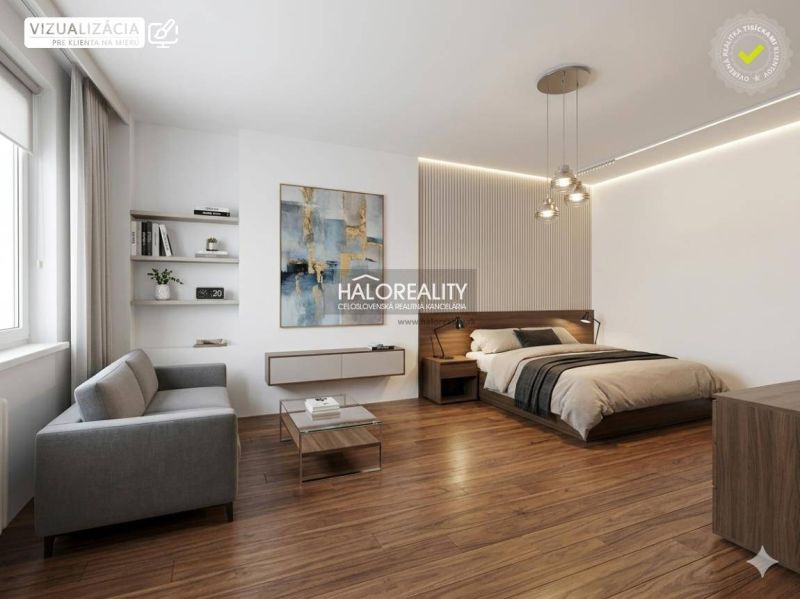 Schlafzimmer in einer Einzimmerwohnung mit Bett und Sofa, Boden mit Holzdekor.