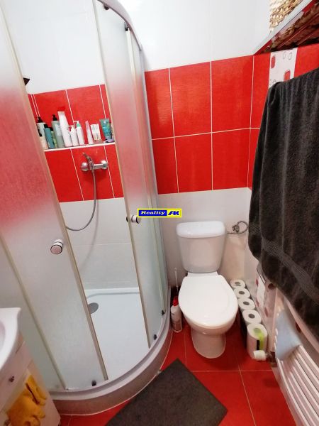 Badezimmer in einer Einzimmerwohnung mit roten Fliesen und einer Duschkabine.