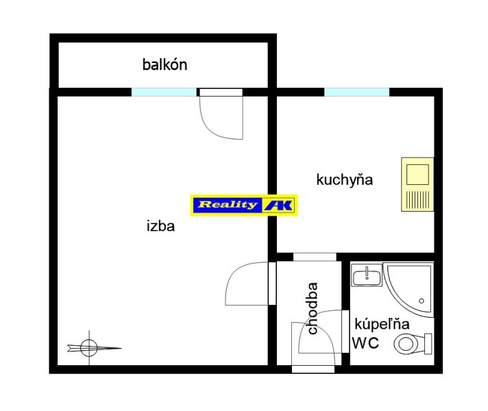 Grundriss einer Einzimmerwohnung mit Raumaufteilung: Zimmer, Küche, Balkon, Badezimmer, WC.
