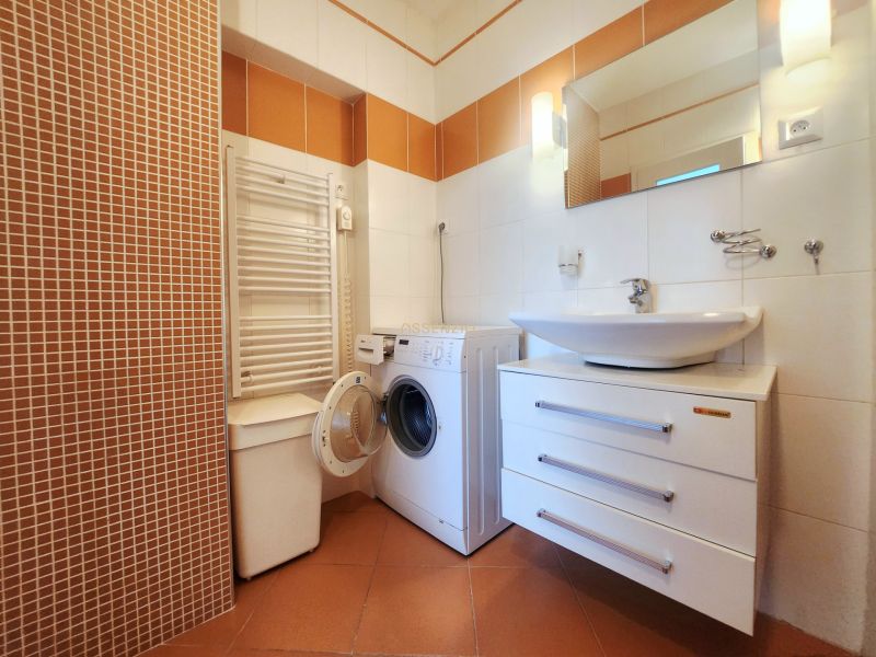 Badezimmer mit Waschmaschine und Waschbecken in einer 3-Zimmer-Wohnung, die Fliesen sind in warmen Farbtönen.