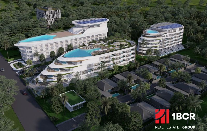 Wohnungsbau in Phuket mit wellenförmigem Design und Dachpools, eingebettet in Grün.