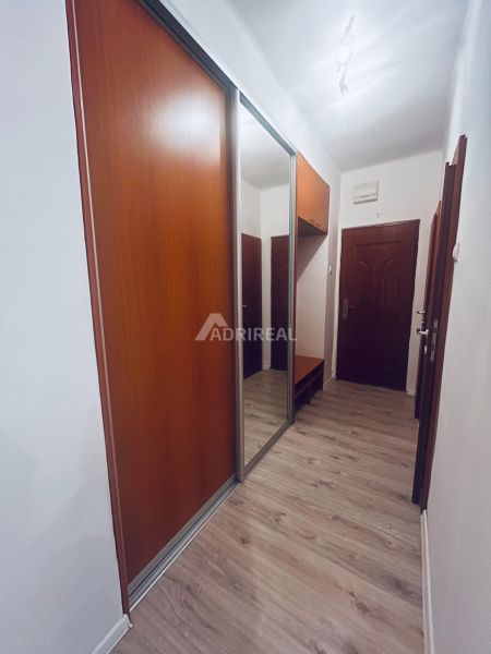Eingangsbereich mit Einbauschrank und Boden in Holzoptik in einer 3-Zimmer-Wohnung.
