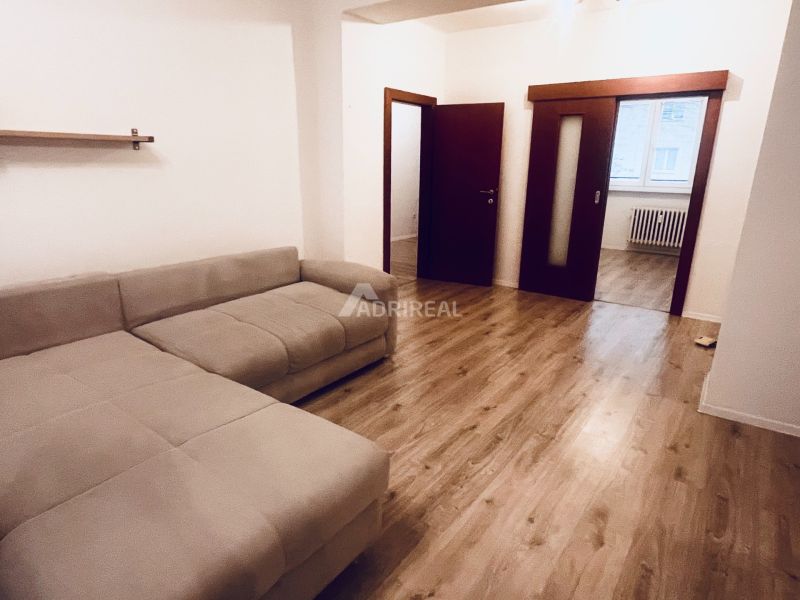 Wohnzimmer mit bequemer Couch und Holzboden in einer 3-Zimmer-Wohnung.
