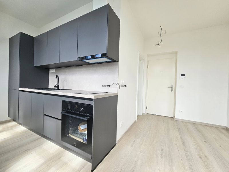 Küchenzeile mit eingebautem Ofen und Bodenbelag in Holzoptik in einer Einzimmerwohnung.