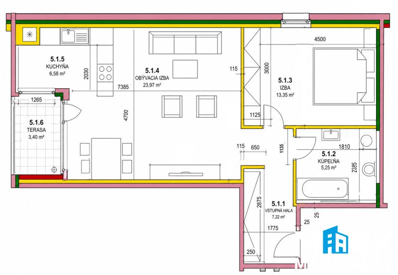 Grundriss einer 2-Zimmer-Wohnung mit Terrasse, Küche und Badezimmer.