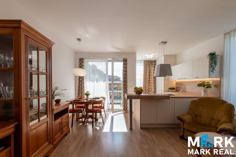 Wohnzimmer mit Küche in einer 2-Zimmer-Wohnung, Boden mit Holzdekor, Esstisch.