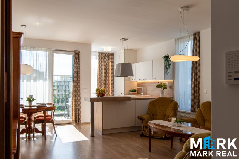 Wohnzimmer in einer 2-Zimmer-Wohnung mit Holzboden und heller Küche.