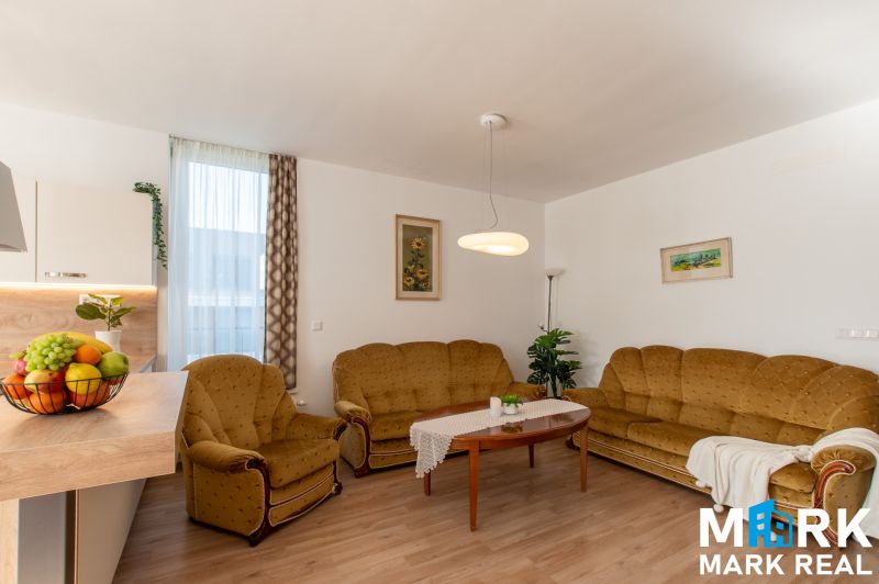 Wohnzimmer einer Zweizimmerwohnung mit Sofas, einer Pflanze und einem Boden in Holzoptik.
