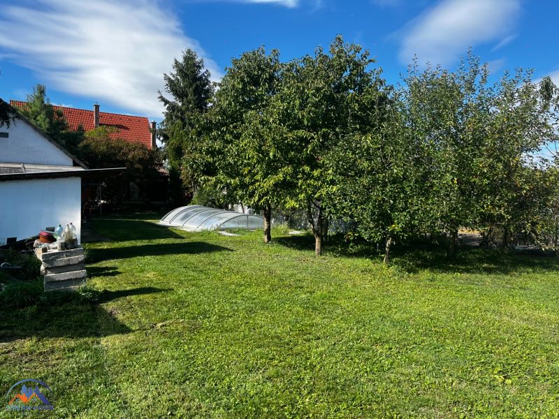Der Garten des Einfamilienhauses in Čalovec mit einem Pool und Obstbäumen.
