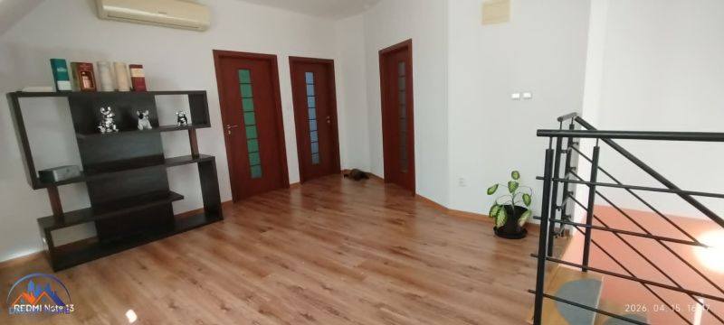 Innenraum eines Einfamilienhauses mit Holzboden, Regal und Pflanze.