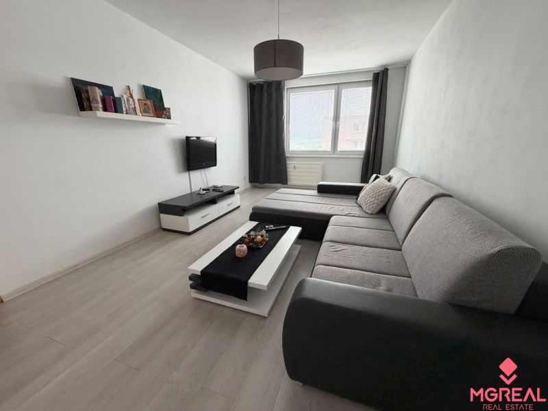 Wohnzimmer in einer Zweizimmerwohnung mit Holzboden und grauem Sofa.