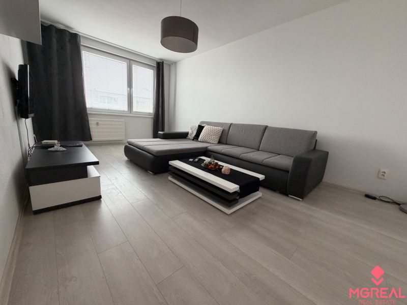 Wohnzimmer in einer 2-Zimmer-Wohnung mit Holzboden und einem bequemen Sofa.