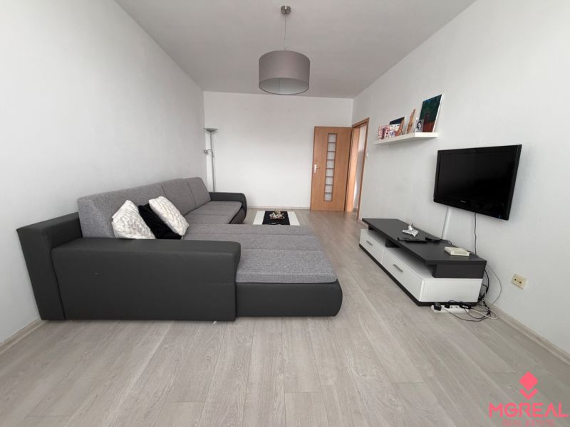 Wohnzimmer in einer 2-Zimmer-Wohnung mit Sofa, Fernseher und Holzboden.
