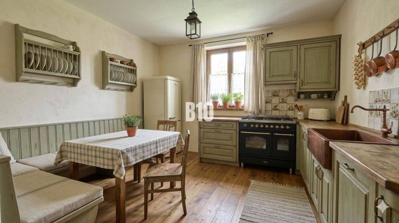Küche in einem Einfamilienhaus mit Retro-Möbeln und einem Boden mit Holzdekor.