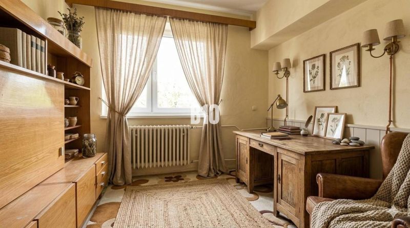 Innenraum eines Einfamilienhauses mit Holzmöbeln, Teppich und Wanddekorationen.
