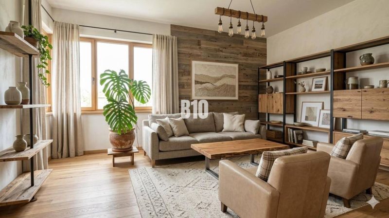 Wohnzimmer in einem Einfamilienhaus mit Holzboden und grünen Pflanzen.
