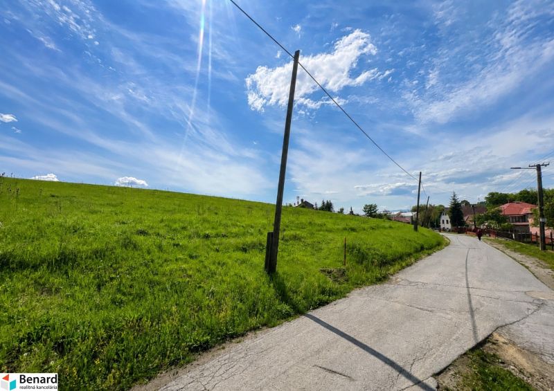 Ein Weg entlang der grünen Wohngebiete in Fintice unter blauem Himmel.