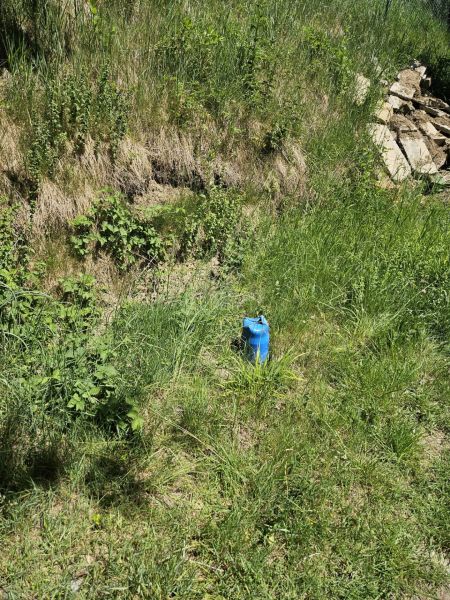 Blaue Plane auf grünem Gras bei der Hütte in Budatín, Budatín-Straße.