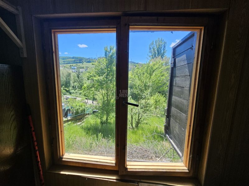 Der Blick aus dem Fenster der Hütte auf die grüne Landschaft und die Bäume.